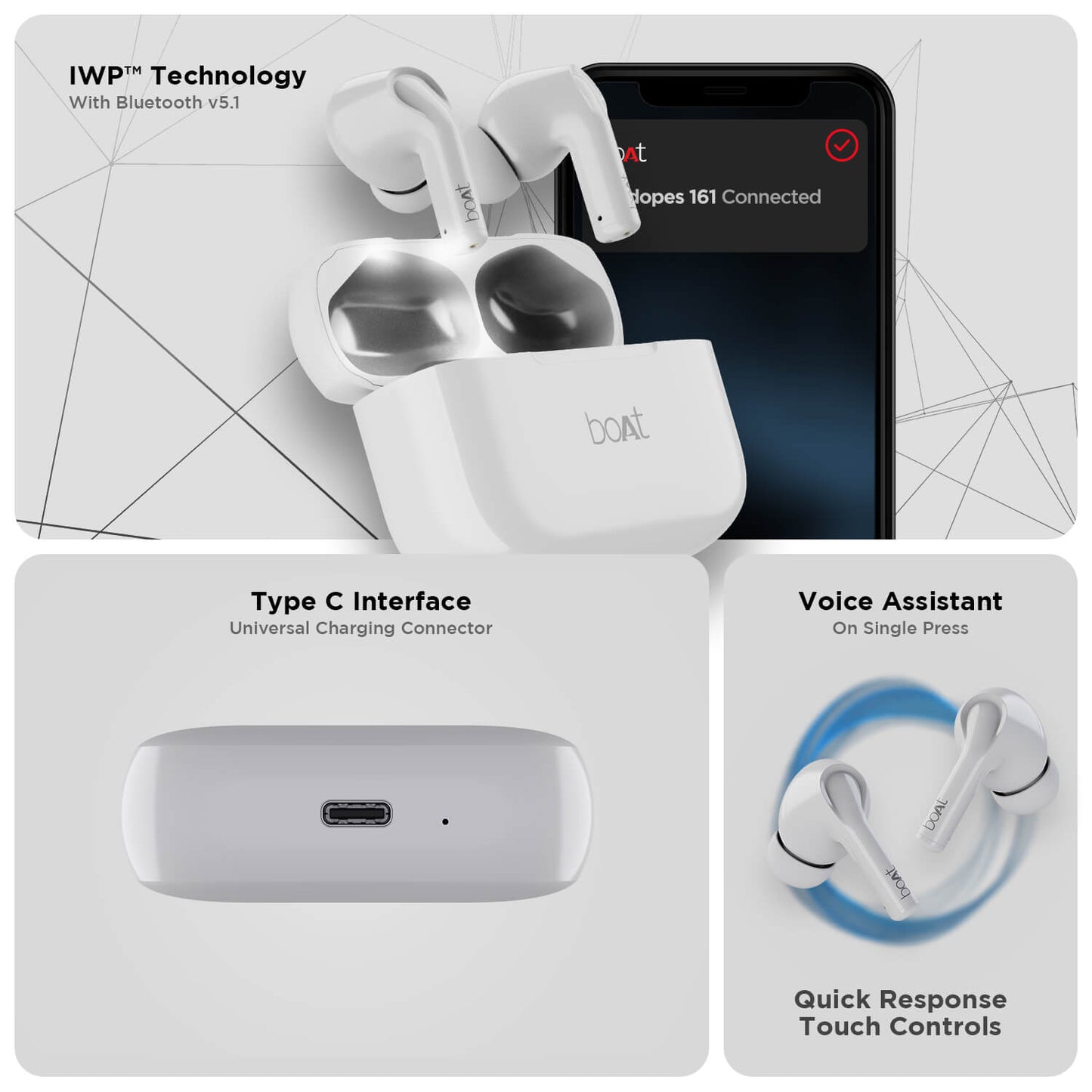 boAt Airdopes 163 | Wireless Earbuds with Massive Playback of upto 17 Hour, IPX5 Water & Sweat Resistance, IWP Technology, Type C Interface