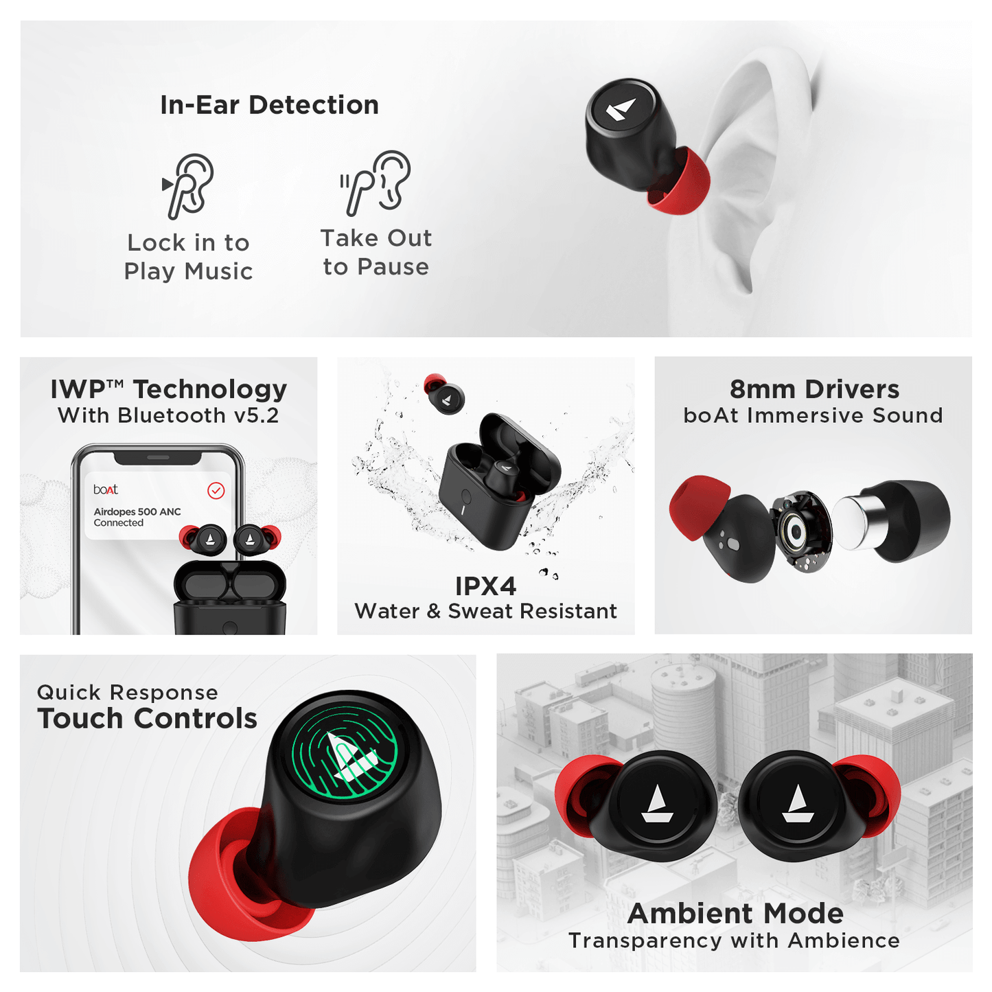 boAt Airdopes 500 ANC | Wireless Earbuds with 35dB Hybrid Active Noise Cancellation, 8mm Drivers, Quad Mics with ENx™ Technology, ASAP™ Charge