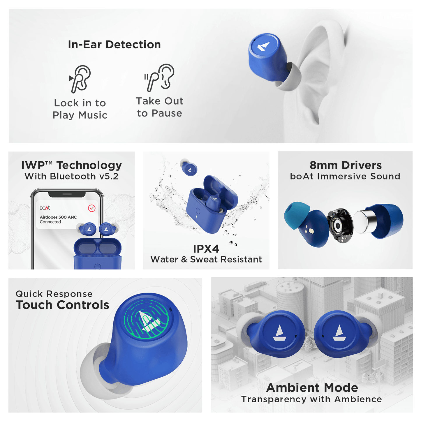 boAt Airdopes 500 ANC | Wireless Earbuds with 35dB Hybrid Active Noise Cancellation, 8mm Drivers, Quad Mics with ENx™ Technology, ASAP™ Charge