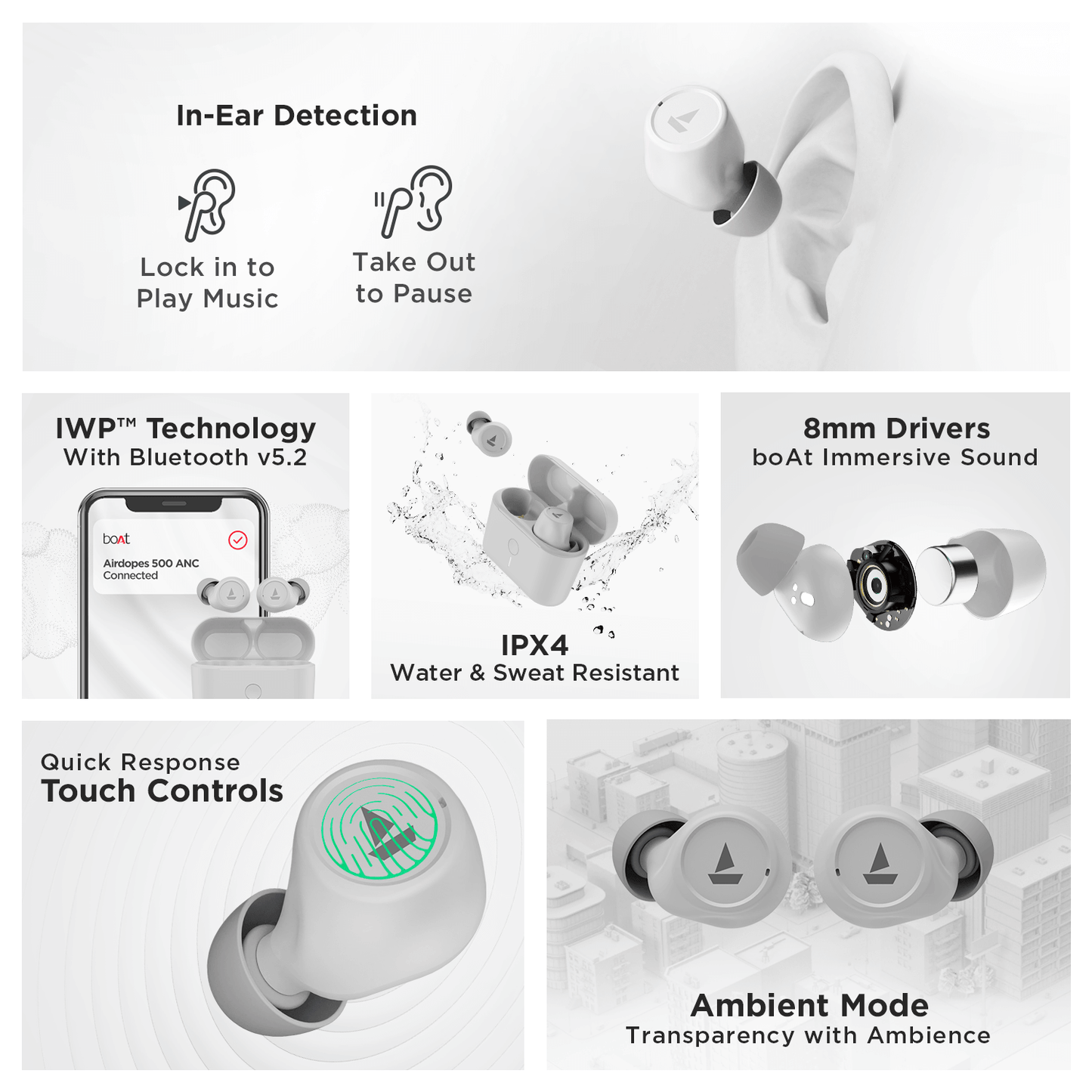 boAt Airdopes 500 ANC | Wireless Earbuds with 35dB Hybrid Active Noise Cancellation, 8mm Drivers, Quad Mics with ENx™ Technology, ASAP™ Charge