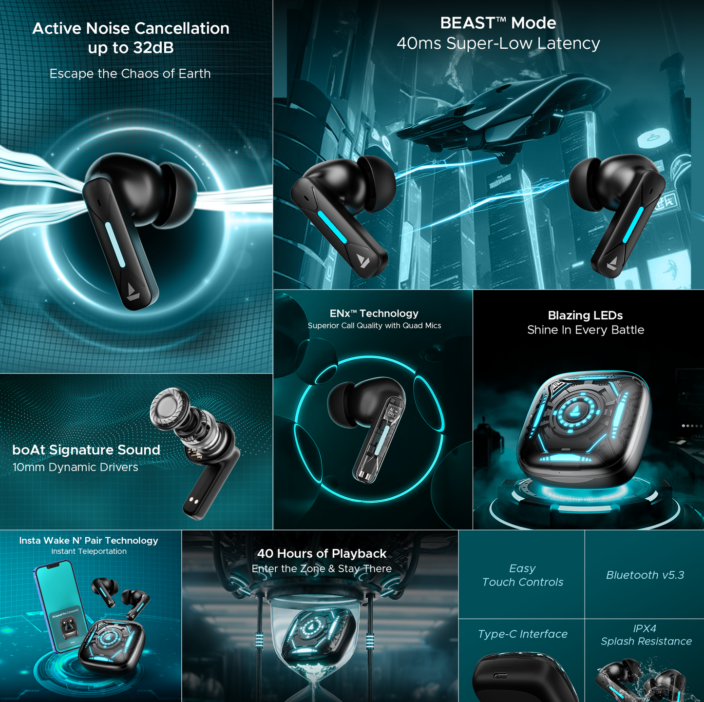 boAt Immortal Airspeed Pro | Bluetooth Gaming Wireless Earbuds with 40ms BEAST™ Mode, Up to 32dB ANC, ENx™ Tech