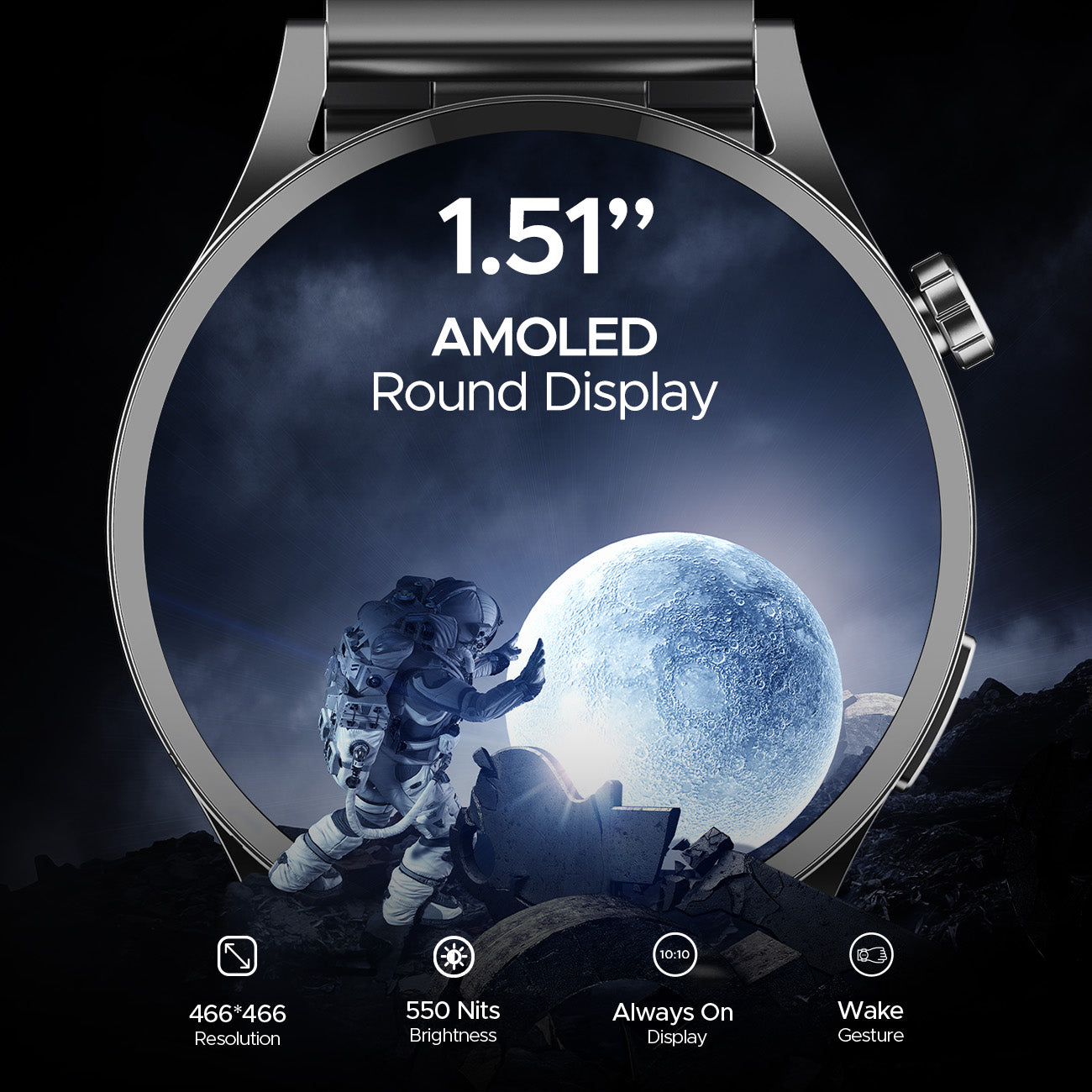 boAt Lunar Embrace | Smartwatch with 1.51" (3.83 cms) round AMOLED Display, Functional Crown, 100+ Sports Modes, IP68 rating