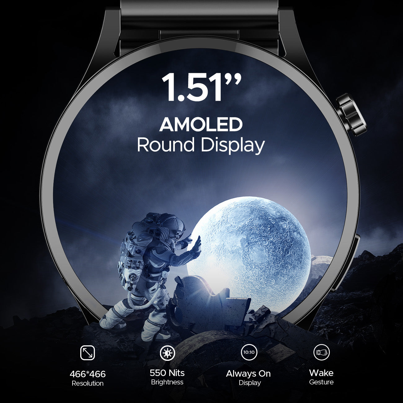 boAt Lunar Embrace | Smartwatch with 1.51" (3.83 cms) round AMOLED Display, Functional Crown, 100+ Sports Modes, IP68 rating