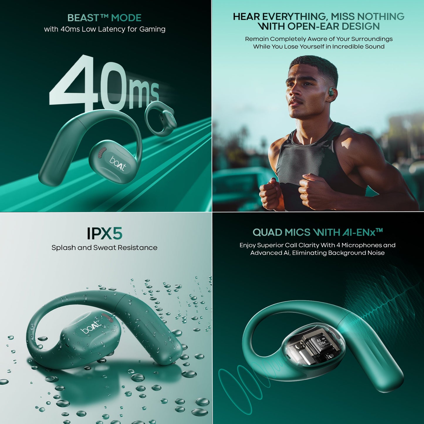 boAt Airdopes ProGear | Wireless Earbuds with 100 Hours Playback, Quad Mics with ENx™ Tech, Air Conduction Tech (Perfect for Outdoor Sports)