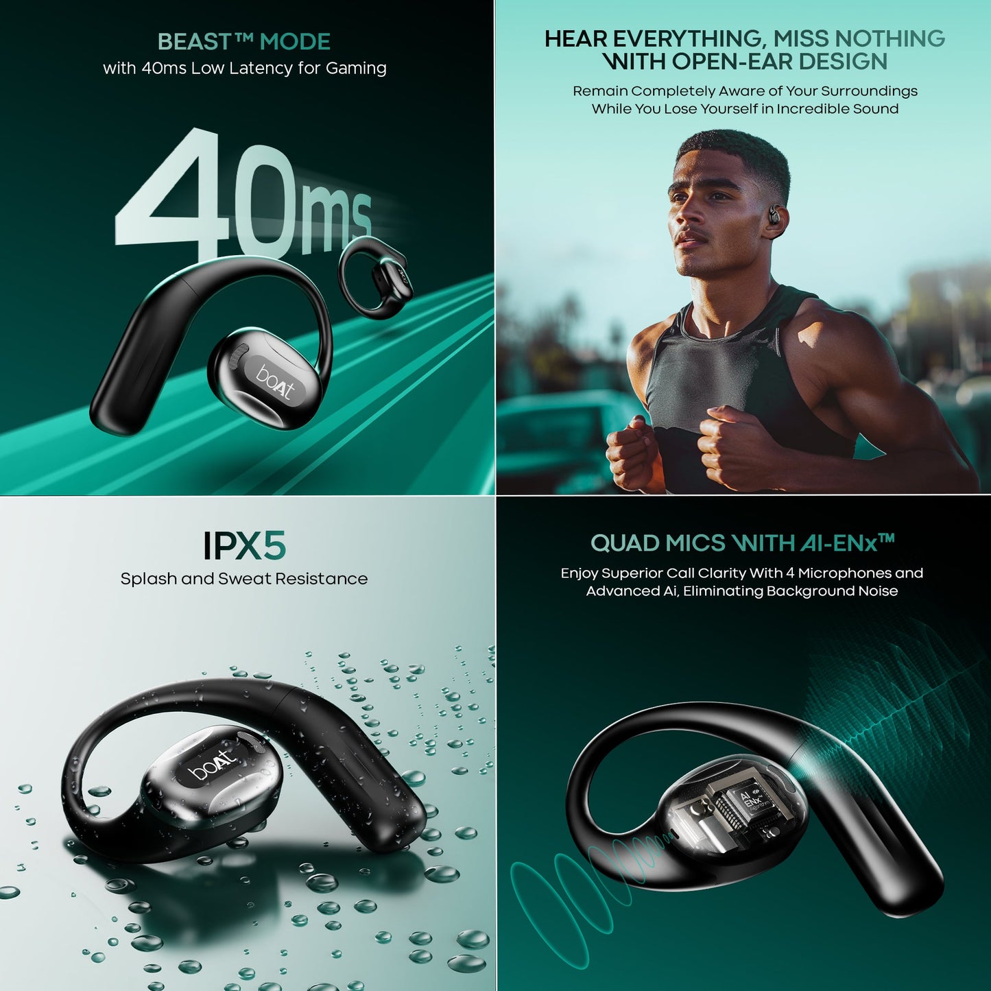 boAt Airdopes ProGear | Wireless Earbuds with 100 Hours Playback, Quad Mics with ENx™ Tech, Air Conduction Tech (Perfect for Outdoor Sports)